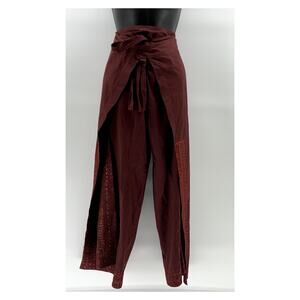 H&M Women's Burgundy Glitter Embroidered Trim Wrap Side Slit Pants 4